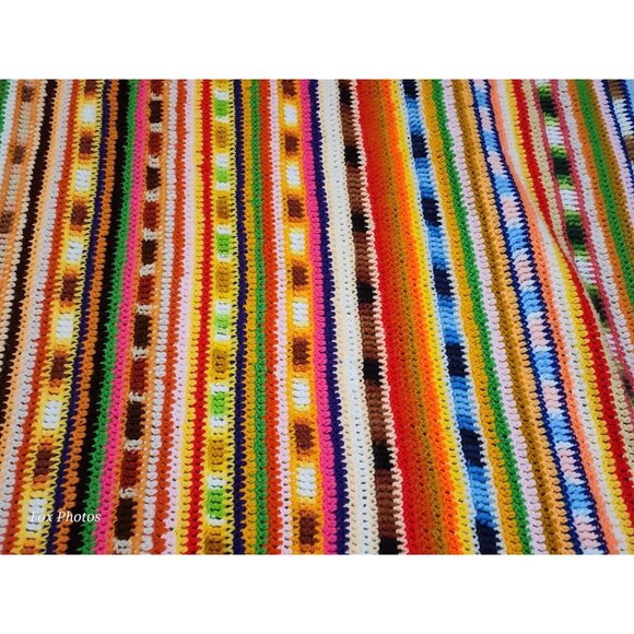 Hippie Chic Striped Crochet Afghan Throw Vintage Boho Grannycore Throw 70x37 - Picture 11 of 11